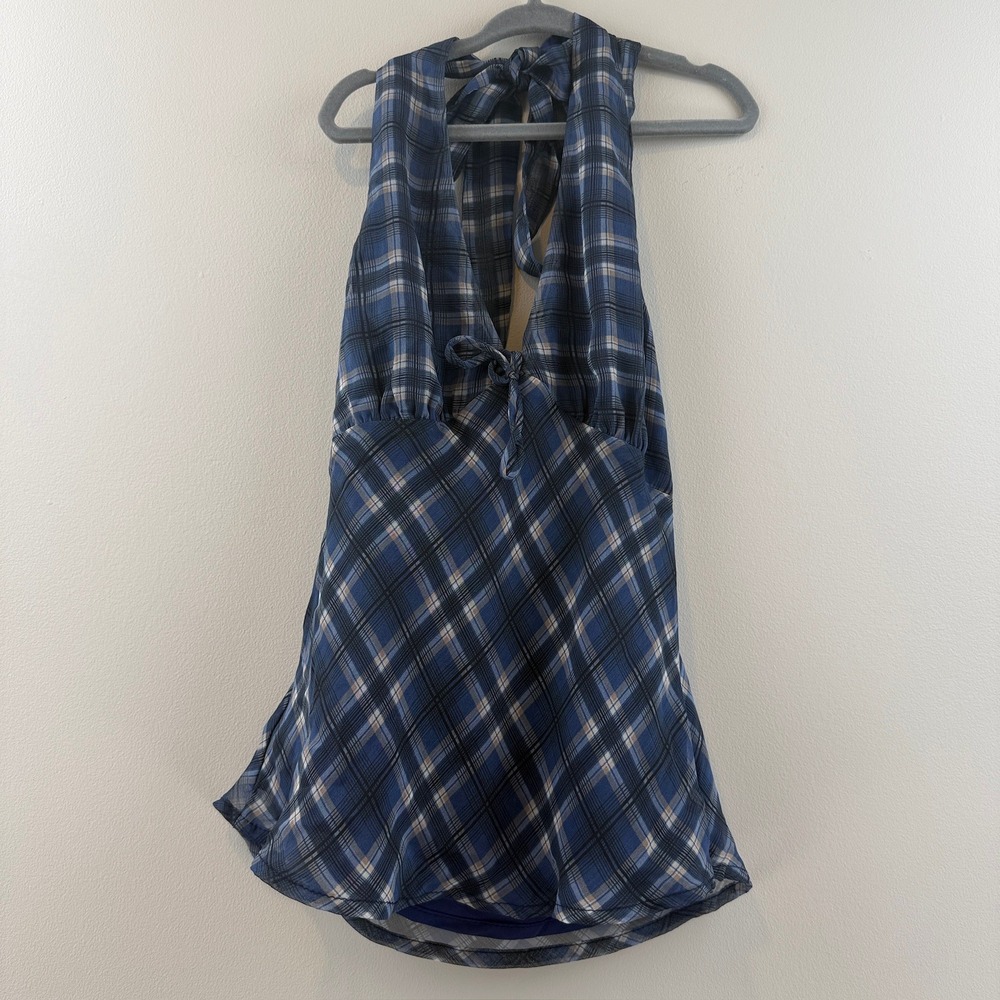 Princess Polly Halter Top Womens Size 2 Y2K Preppy Plaid Backless Tie Front Blue